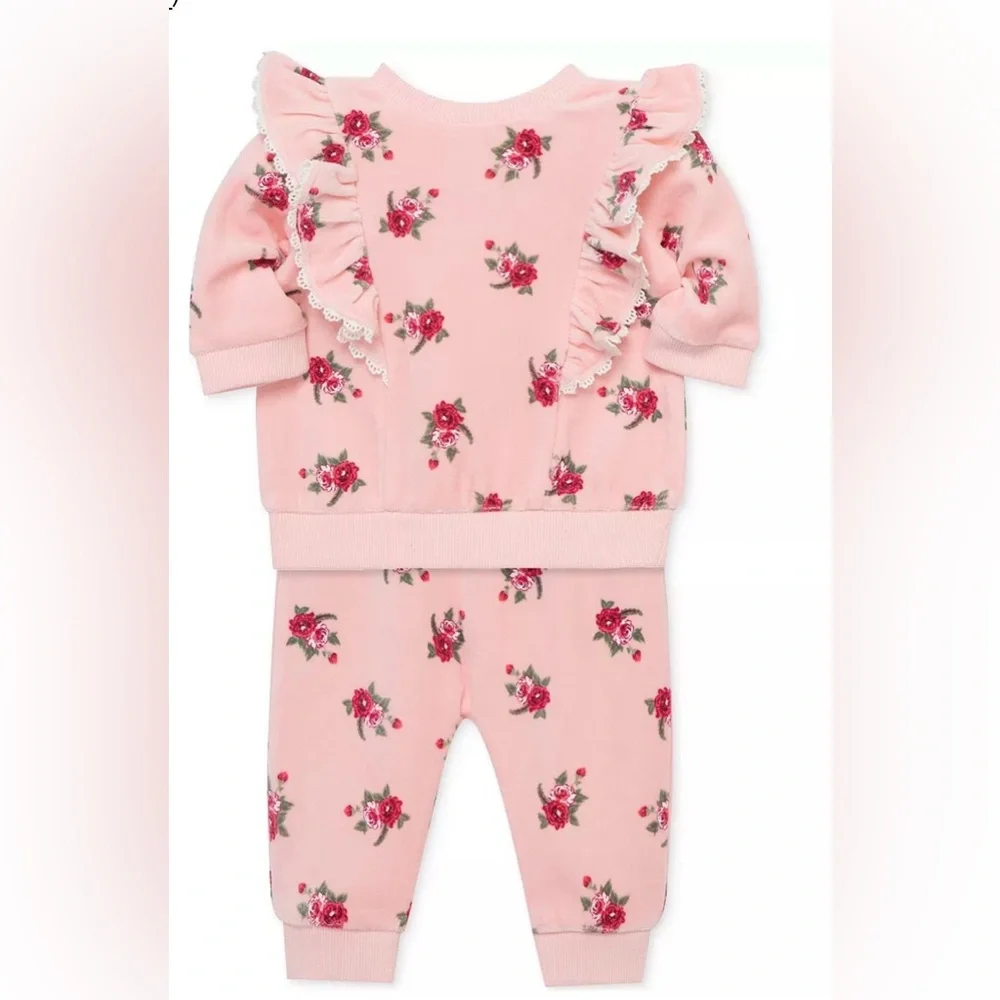 Little Me Ruffled Roses Velour Sweatshirt & Pants Set 12m